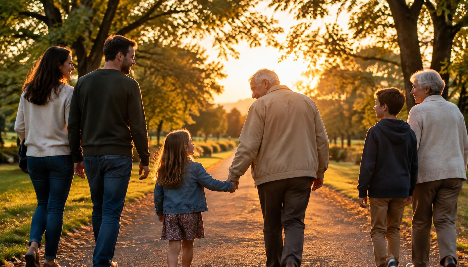 Multigenerational family walking together in a park at sunset